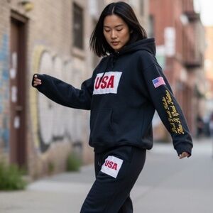 USA Flag Hoodie and Joggers Set, black.